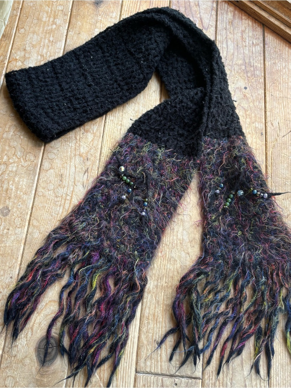 Black Knit Scarf with Multicolor Fringe and Bead Accents